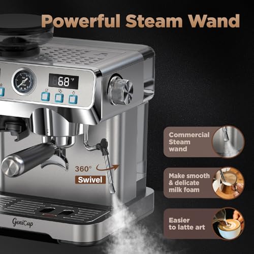 GeniCup Espresso Machine with Grinder 20 Bar Professional Expresso Coffee Machines for Home Customizable 194℉-203℉ Temp Control Espresso Maker with 68oz Water Tank All-in-One Coffee Maker Cold Brew - My Kitchen Products