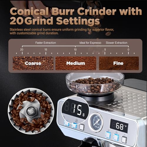 GeniCup Espresso Machine with Grinder 20 Bar Professional Expresso Coffee Machines for Home Customizable 194℉-203℉ Temp Control Espresso Maker with 68oz Water Tank All-in-One Coffee Maker Cold Brew - My Kitchen Products