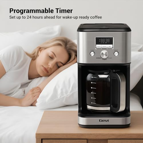 Gevi 14-Cup Drip Coffee Maker, Strong Brew, Glass Carafe, 2H Warm Silver - My Kitchen Products