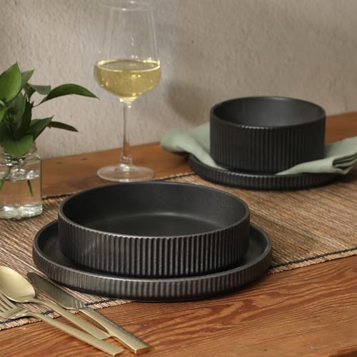 Gibson Elite Deerfield 16-Piece Stoneware Dinnerware Set – Matte Black Reactive Glaze Plates and Bowls, Stackable, Modern Design, Service for 4 – Microwave & Dishwasher Safe - My Kitchen Products