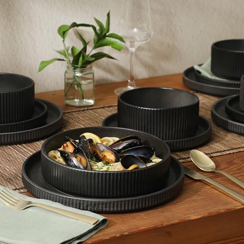 Gibson Elite Deerfield 16-Piece Stoneware Dinnerware Set – Matte Black Reactive Glaze Plates and Bowls, Stackable, Modern Design, Service for 4 – Microwave & Dishwasher Safe - My Kitchen Products