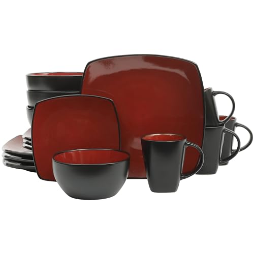 Gibson Elite Soho Lounge Square 16-Piece Dinnerware Set, Service for 4, Reactive Glaze Stoneware Plates and Bowls, Modern Dishes, Microwave & Dishwasher Safe – Red and Black - My Kitchen Products