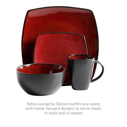 Gibson Elite Soho Lounge Square 16-Piece Dinnerware Set, Service for 4, Reactive Glaze Stoneware Plates and Bowls, Modern Dishes, Microwave & Dishwasher Safe – Red and Black - My Kitchen Products