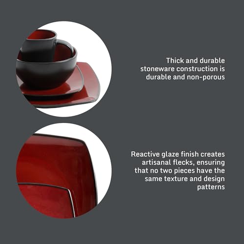 Gibson Elite Soho Lounge Square 16-Piece Dinnerware Set, Service for 4, Reactive Glaze Stoneware Plates and Bowls, Modern Dishes, Microwave & Dishwasher Safe – Red and Black - My Kitchen Products