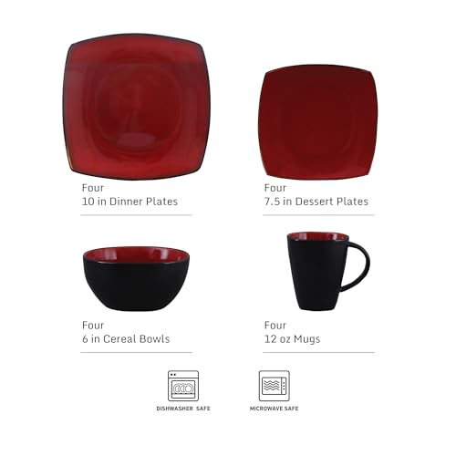 Gibson Elite Soho Lounge Square 16-Piece Dinnerware Set, Service for 4, Reactive Glaze Stoneware Plates and Bowls, Modern Dishes, Microwave & Dishwasher Safe – Red and Black - My Kitchen Products