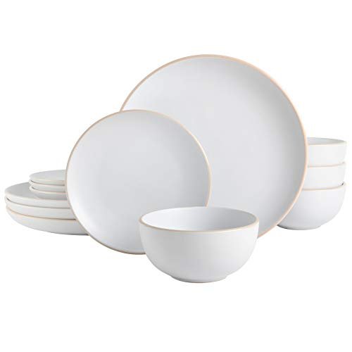 Gibson Home Rockaway 12-Piece Round Stoneware Dinnerware Set, Service for 4 – White Plates and Bowls, Modern Matte Finish, Microwave & Dishwasher Safe - My Kitchen Products