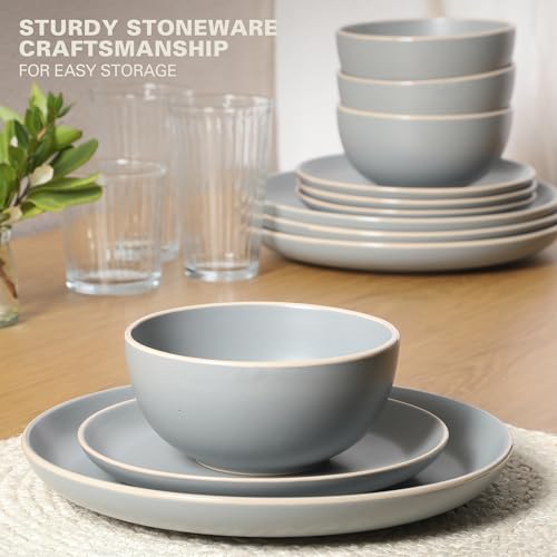 Gibson Home Rockaway 12-Piece Stoneware Dinnerware Set, Matte Finish, Service for 4, Modern Ceramic Plates and Bowls, Microwave & Dishwasher Safe – Soft Gray - Service for 4 - My Kitchen Products