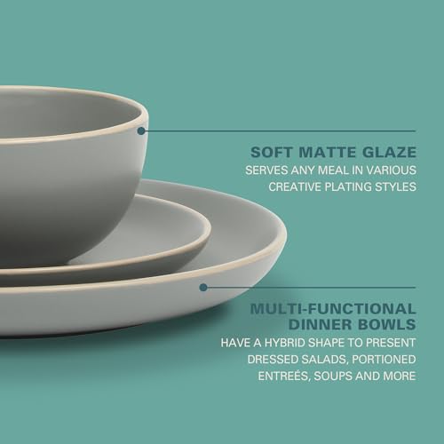 Gibson Home Rockaway 12-Piece Stoneware Dinnerware Set, Matte Finish, Service for 4, Modern Ceramic Plates and Bowls, Microwave & Dishwasher Safe – Soft Gray - Service for 4 - My Kitchen Products