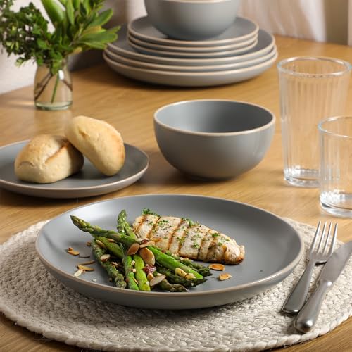 Gibson Home Rockaway 12-Piece Stoneware Dinnerware Set, Matte Finish, Service for 4, Modern Ceramic Plates and Bowls, Microwave & Dishwasher Safe – Soft Gray - Service for 4 - My Kitchen Products