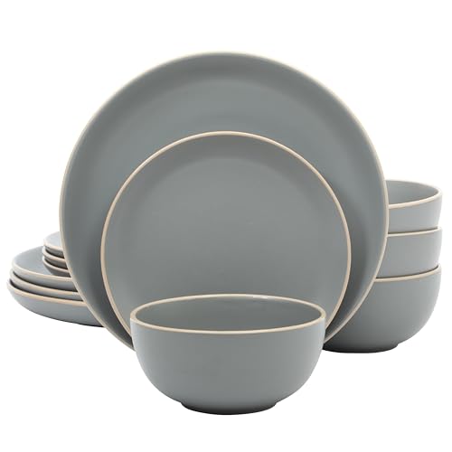 Gibson Home Rockaway 12-Piece Stoneware Dinnerware Set, Matte Finish, Service for 4, Modern Ceramic Plates and Bowls, Microwave & Dishwasher Safe – Soft Gray - Service for 4 - My Kitchen Products