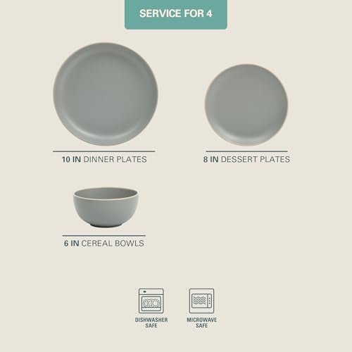 Gibson Home Rockaway 12-Piece Stoneware Dinnerware Set, Matte Finish, Service for 4, Modern Ceramic Plates and Bowls, Microwave & Dishwasher Safe – Soft Gray - Service for 4 - My Kitchen Products