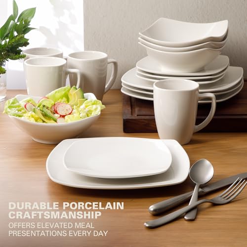 Gibson Home Zen Buffet White Porcelain Dinnerware Set for 4, Square Plates Bowls and Mugs, Chip and Scratch Resistant, Dishwasher and Microwave Safe, 16 Piece - My Kitchen Products