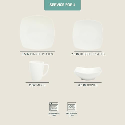 Gibson Home Zen Buffet White Porcelain Dinnerware Set for 4, Square Plates Bowls and Mugs, Chip and Scratch Resistant, Dishwasher and Microwave Safe, 16 Piece - My Kitchen Products