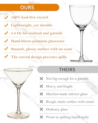 GIHOP Nick and Nora Cocktail Glasses, 5.8Oz Hand Blown Martini Glasses Set of 4, 100% Lead-Free Crystal Coupe Glassware, Small Cocktail Glasses for Manhattan, Cosmopolitan, Espresso with Gift Box - My Kitchen Products