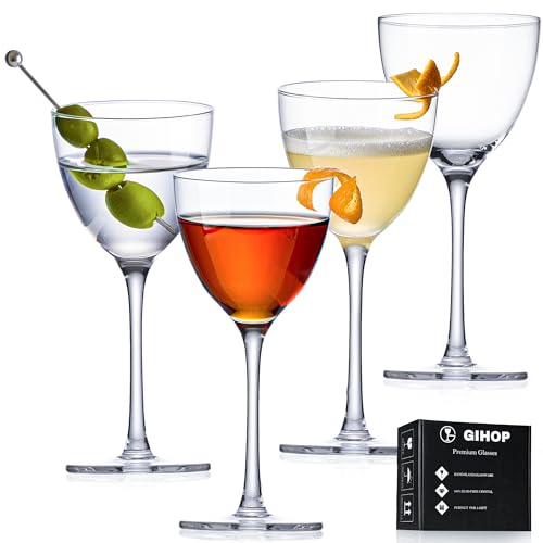 GIHOP Nick and Nora Cocktail Glasses, 5.8Oz Hand Blown Martini Glasses Set of 4, 100% Lead-Free Crystal Coupe
