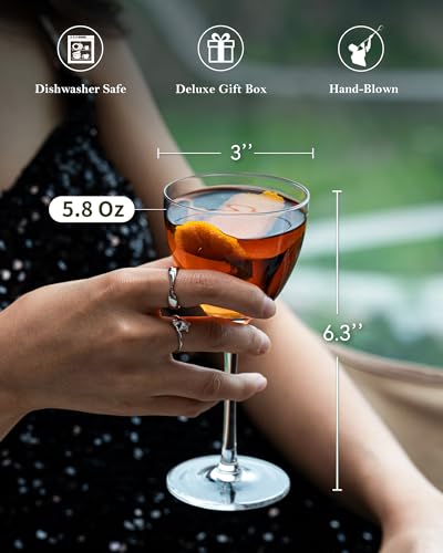 GIHOP Nick and Nora Cocktail Glasses, 5.8Oz Hand Blown Martini Glasses Set of 4, 100% Lead-Free Crystal Coupe Glassware, Small Cocktail Glasses for Manhattan, Cosmopolitan, Espresso with Gift Box - My Kitchen Products