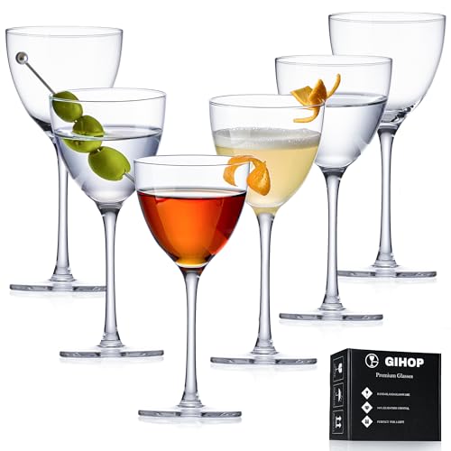 GIHOP Nick and Nora Cocktail Glasses, 5.8Oz Hand Blown Martini Glasses Set of 6, 100% Lead-Free Craystal Coupe
