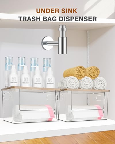 Ginnerella Trash Bag Dispenser 2 Pack - Under Sink Organizer, Plastic Bag Holder, Stackable Acrylic Garbage Bag Storage with Bamboo Lid for Kitchen Cabinet, 13/30/33 Gallon Grocery Bag Dispenser - My Kitchen Products