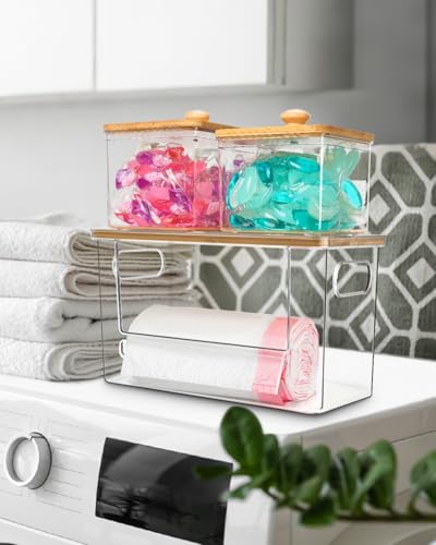Ginnerella Trash Bag Dispenser 2 Pack - Under Sink Organizer, Plastic Bag Holder, Stackable Acrylic Garbage Bag Storage with Bamboo Lid for Kitchen Cabinet, 13/30/33 Gallon Grocery Bag Dispenser - My Kitchen Products