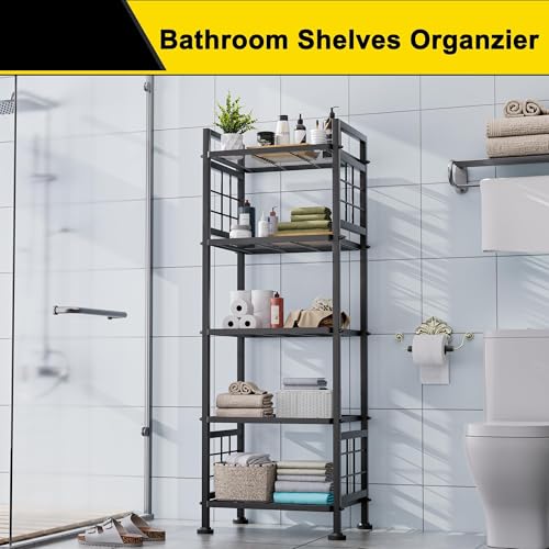 GIOTORENT 5-Wire Standing Book Shelf & Bookcase, Metal Storage Shelving Unit Pantry Rack for Laundry Kitchen Bathroom Organizer, Black - My Kitchen Products