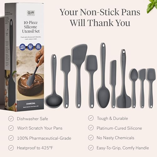 GIR: Get It Right 10-Piece Silicone Essentials Kitchen utensils set - Ladle, Spatula, Flip, Spoon & Spoonula - Non toxic cooking utensils for Nonstick Cookware, Cooking and Baking - Charcoal - My Kitchen Products