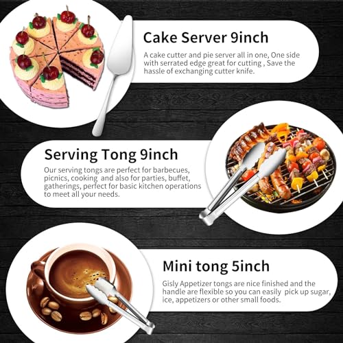 Gisly 12-Piece Serving Set - Large Spoons, Forks, Tongs, Ladle, Cake Server & Appetizer Tongs for Buffet Catering, Dishwasher Safe - My Kitchen Products