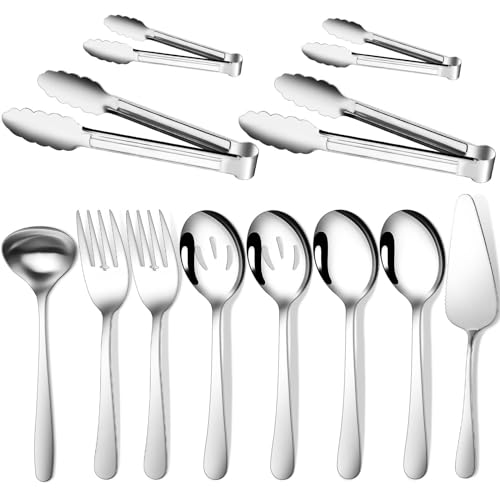 Gisly 12-Piece Serving Set, Large Spoons, Forks, Tongs, Ladle, Cake Server & Appetizer Tongs for Buffet