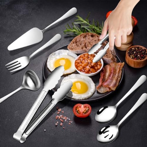 Gisly 12-Piece Serving Set - Large Spoons, Forks, Tongs, Ladle, Cake Server & Appetizer Tongs for Buffet Catering, Dishwasher Safe - My Kitchen Products
