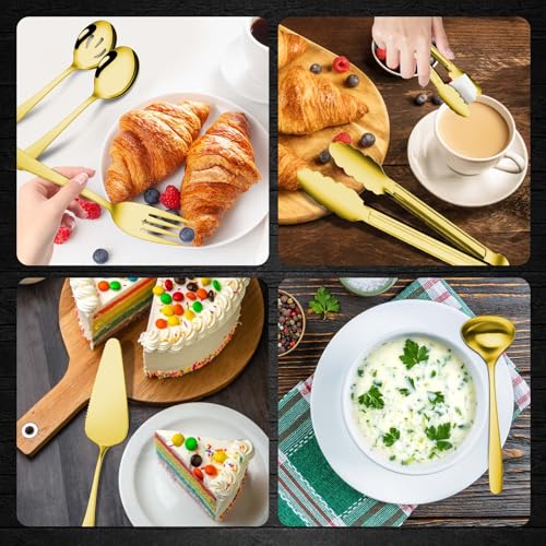 Gisly Gold 12 Pieces Serving Utensils Include Large Serving Spoons,Slotted Serving Spoons,Serving Forks,Serving Tongs,Appetizers Tongs,Soup Ladle and Pie Cake Server for Buffet Catering - My Kitchen Products
