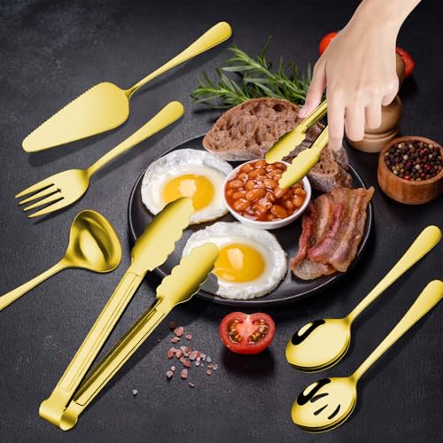 Gisly Gold 12 Pieces Serving Utensils Include Large Serving Spoons,Slotted Serving Spoons,Serving Forks,Serving Tongs,Appetizers Tongs,Soup Ladle and Pie Cake Server for Buffet Catering - My Kitchen Products