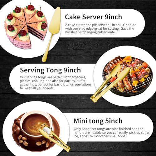 Gisly Gold 12 Pieces Serving Utensils Include Large Serving Spoons,Slotted Serving Spoons,Serving Forks,Serving Tongs,Appetizers Tongs,Soup Ladle and Pie Cake Server for Buffet Catering - My Kitchen Products