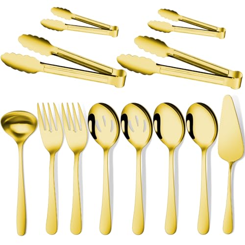 Gisly Gold 12 Pieces Serving Utensils Include Large Serving Spoons,Slotted Serving Spoons,Serving Forks,Serving