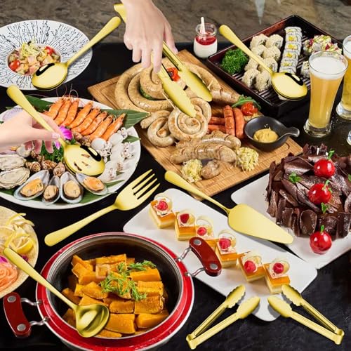 Gisly Gold 12 Pieces Serving Utensils Include Large Serving Spoons,Slotted Serving Spoons,Serving Forks,Serving Tongs,Appetizers Tongs,Soup Ladle and Pie Cake Server for Buffet Catering - My Kitchen Products