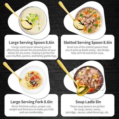 Gisly Gold 12 Pieces Serving Utensils Include Large Serving Spoons,Slotted Serving Spoons,Serving Forks,Serving Tongs,Appetizers Tongs,Soup Ladle and Pie Cake Server for Buffet Catering - My Kitchen Products