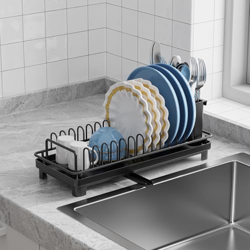 Giwil Small Dish Drying Rack, Compact Dish Rack with Drainboard for Kitchen Counter, Multifunctional Rustproof Dish Drainer Plate Organizer Used Over Sink & on Countertop, Black - My Kitchen Products