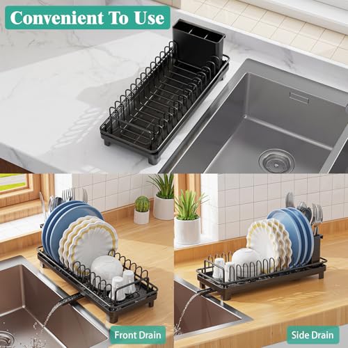 Giwil Small Dish Drying Rack, Compact Dish Rack with Drainboard for Kitchen Counter, Multifunctional Rustproof Dish Drainer Plate Organizer Used Over Sink & on Countertop, Black - My Kitchen Products