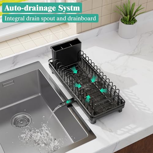 Giwil Small Dish Drying Rack, Compact Dish Rack with Drainboard for Kitchen Counter, Multifunctional Rustproof Dish Drainer Plate Organizer Used Over Sink & on Countertop, Black - My Kitchen Products