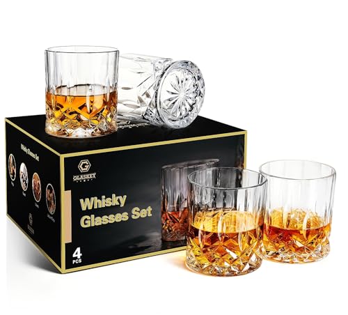 GLASKEY Whiskey Glasses Set of 4,Rock Glasses,11 oz Lead-Free Crystal Bourbon Glass,Old Fashioned Glass
