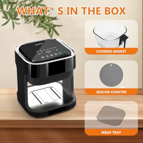 Glass Air Fryer 4.5 Qt, Non-Toxic Borosilicate Glass Basket with 360° View, Upgraded Food-Grade Stainless Steel Tray, 8-in-1 One-Touch Presets, Teflon-Free & Dishwasher Safe, Black - My Kitchen Products