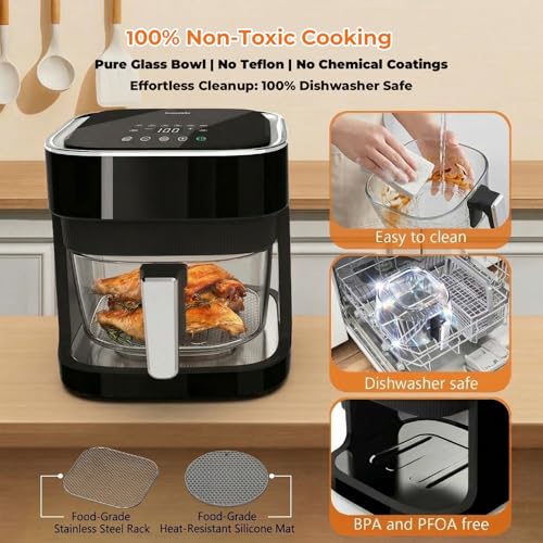 Glass Air Fryer 4.5 Qt, Non-Toxic Borosilicate Glass Basket with 360° View, Upgraded Food-Grade Stainless Steel Tray, 8-in-1 One-Touch Presets, Teflon-Free & Dishwasher Safe, Black - My Kitchen Products