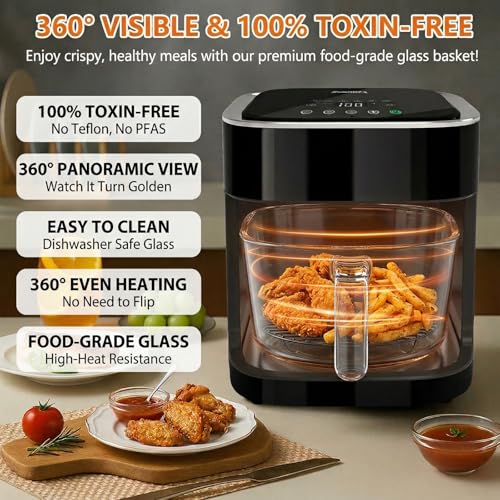Glass Air Fryer 4.5 Qt, Non-Toxic Borosilicate Glass Basket with 360° View, Upgraded Food-Grade Stainless Steel Tray, 8-in-1 One-Touch Presets, Teflon-Free & Dishwasher Safe, Black - My Kitchen Products