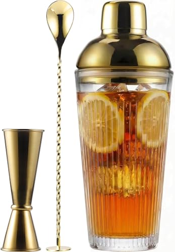 Glass Cocktail Shaker Set with Built-in Strainer - 16oz Ribbed Glass Shaker, Gold Jigger & Bar Spoon with Muddler, Bar Kit