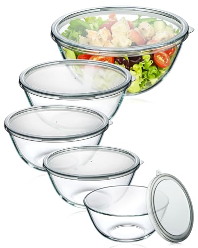 Glass Mixing Bowls with Lids Set of 5(4.78QT,2.2QT,1.7QT,1.1QT,0.85QT),Thick Glass Nesting Bowls for Kitchen Baking,Cooking Prep,Storage,Serving,Large Salad Bowls,Dishwasher Microwave Freezer Safe - My Kitchen Products