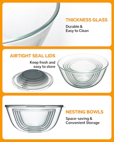 Glass Mixing Bowls with Lids Set of 5(4.78QT,2.2QT,1.7QT,1.1QT,0.85QT),Thick Glass Nesting Bowls for Kitchen Baking,Cooking Prep,Storage,Serving,Large Salad Bowls,Dishwasher Microwave Freezer Safe - My Kitchen Products
