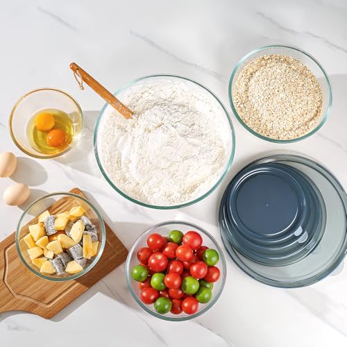 Glass Mixing Bowls with Lids Set of 5(4.78QT,2.2QT,1.7QT,1.1QT,0.85QT),Thick Glass Nesting Bowls for Kitchen Baking,Cooking Prep,Storage,Serving,Large Salad Bowls,Dishwasher Microwave Freezer Safe - My Kitchen Products