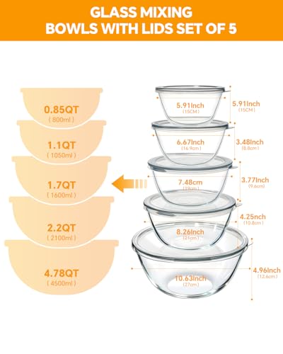 Glass Mixing Bowls with Lids Set of 5(4.78QT,2.2QT,1.7QT,1.1QT,0.85QT),Thick Glass Nesting Bowls for Kitchen Baking,Cooking Prep,Storage,Serving,Large Salad Bowls,Dishwasher Microwave Freezer Safe - My Kitchen Products
