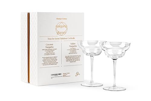 GLASSIQUE CADEAU Crystal Margarita Cocktail Glasses | Set of 2 | 9 oz | Elegant Long Stemmed Glassware for Drinking Daiquiri, Paloma, Frosé and Frozen Bar Drinks | Tall Fancy Barware with Thin Stem - My Kitchen Products