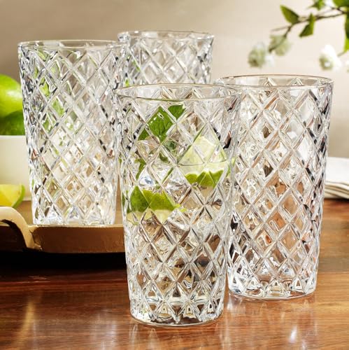 Glaver's Drinking Glasses - Set of 10-14oz. Highball Glass Cups - Dishwasher Safe Cocktail - Diamond Cut Shape - Tall Beer Glasses, Water Glasses, Bar Glass, Wine, Juice, Iced Tea - My Kitchen Products