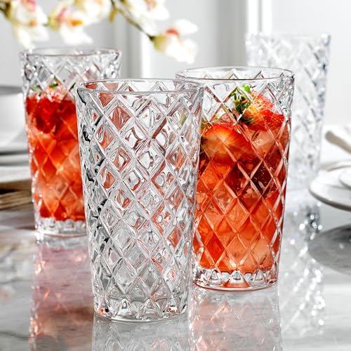Glaver's Drinking Glasses - Set of 10-14oz. Highball Glass Cups - Dishwasher Safe Cocktail - Diamond Cut Shape - Tall Beer Glasses, Water Glasses, Bar Glass, Wine, Juice, Iced Tea - My Kitchen Products