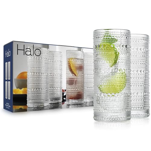 Glaver's Highball Drinking Glasses, 10.82 oz Sleek Hobnail Textured Glassware Modern Tall Tumblers set of 4 Iced Coffee Glasses, Highball Cocktail Set, Dishwasher Safe, Housewarming Gift Set - My Kitchen Products